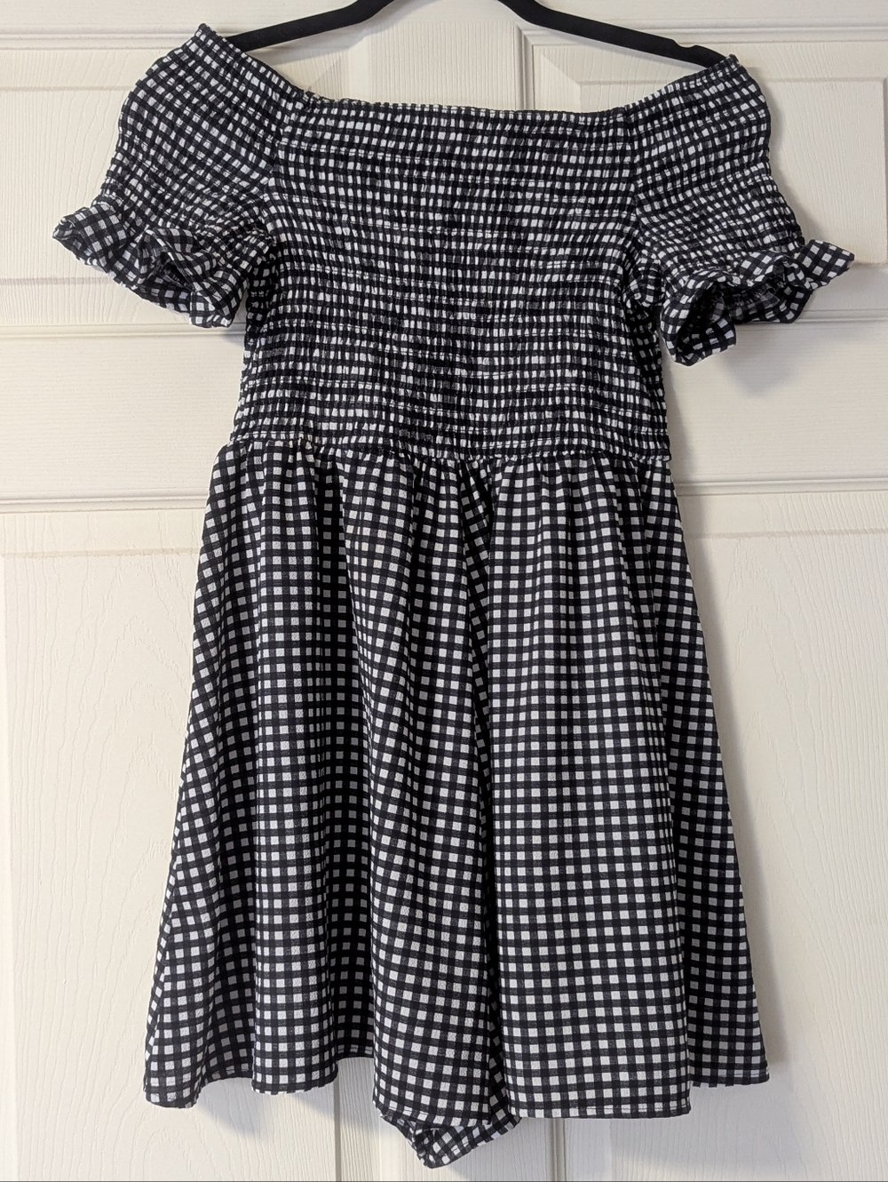 Gingham Romper Lightweight Shirred Off Shoulder Flowy Short Ruffle Summer Vacay